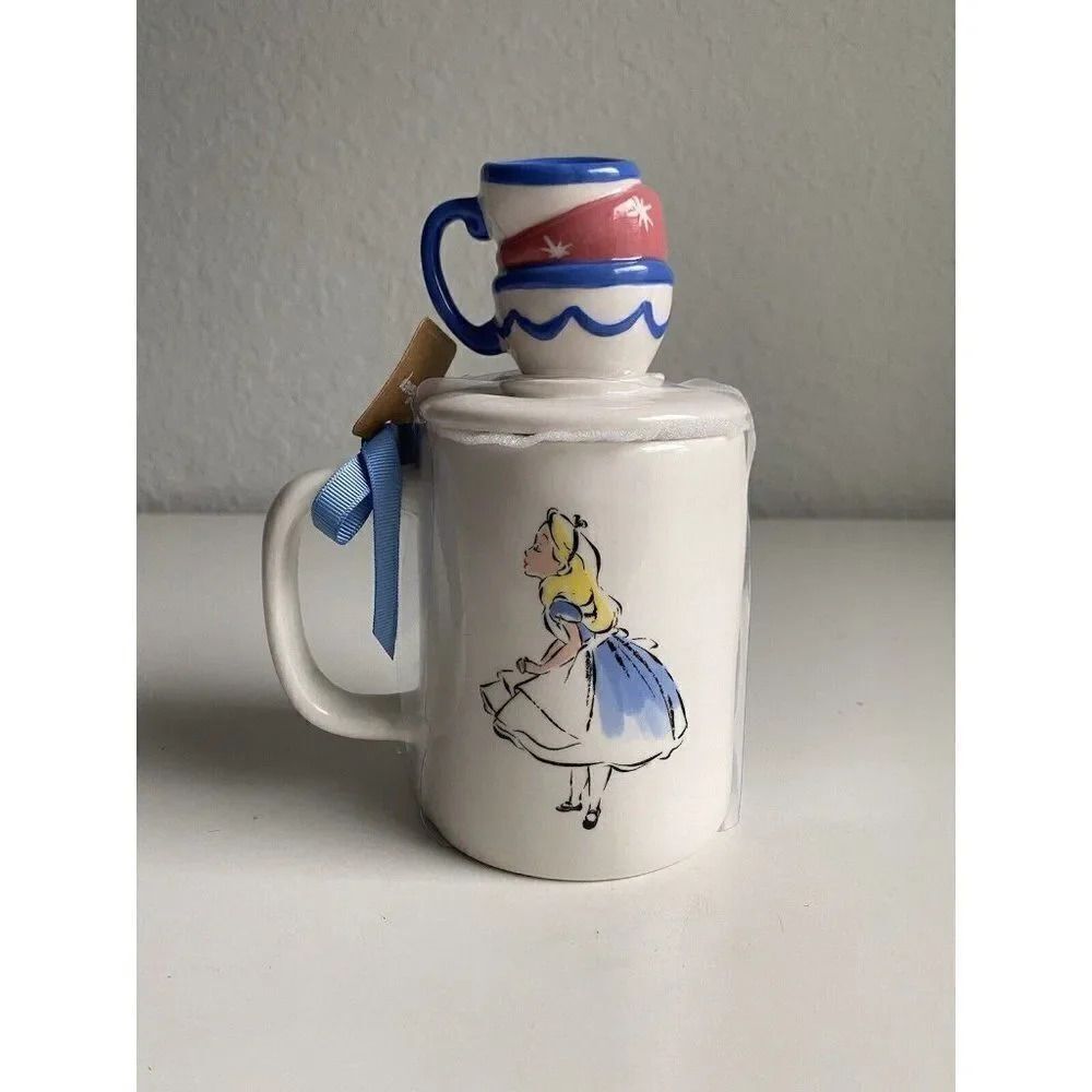 RAE DUNN Disney ALICE IN WONDERLAND “MAD TEA PARTY”‎ Double Sided Mug W/ Topper